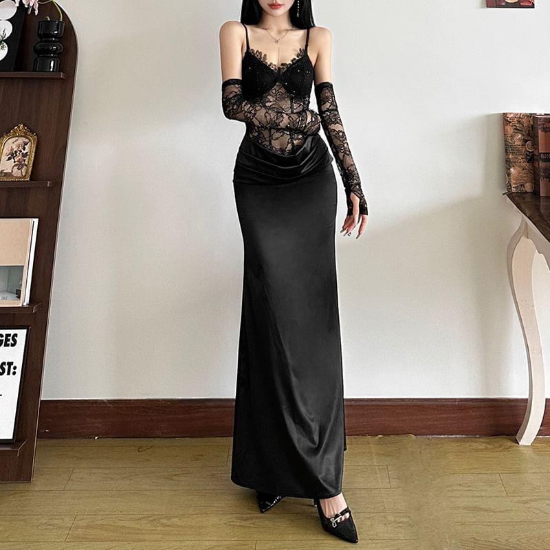 Spaghetti Strap V-Neck Mesh Maxi Sheath Dress Product Image