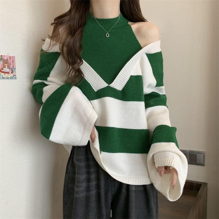 Cold Shoulder Striped Mock Two Piece Oversized Sweater Product Image