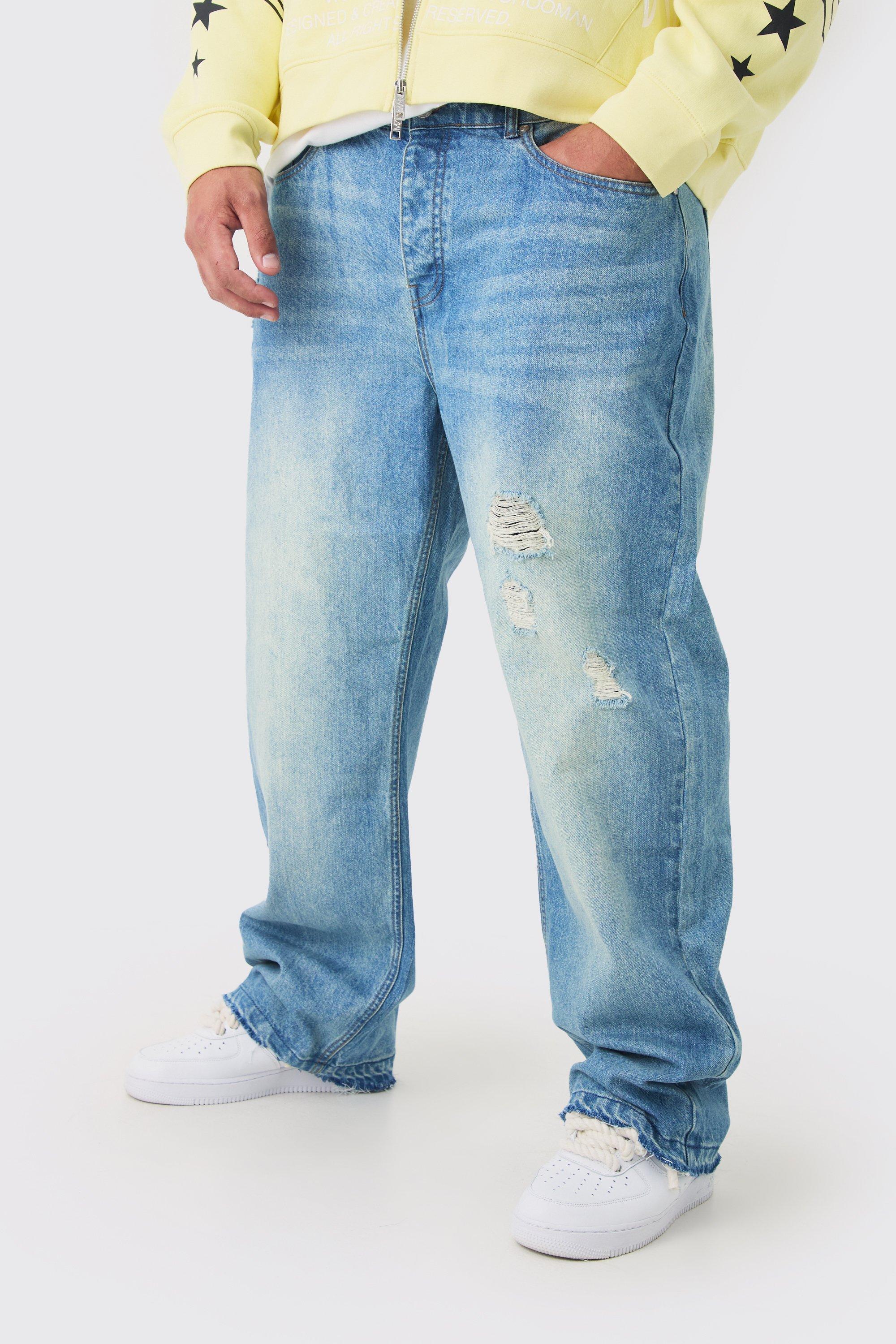 Mens Blue Plus Relaxed Ripped Let Down Hem Jeans With Extended Drawcords, Blue Product Image