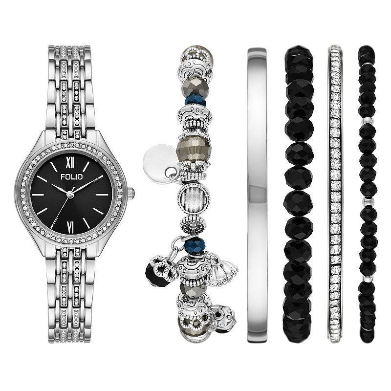 Folio Womens Silver Tone with Black Dial Bracelet Watch & Stackable Bracelet Set Product Image