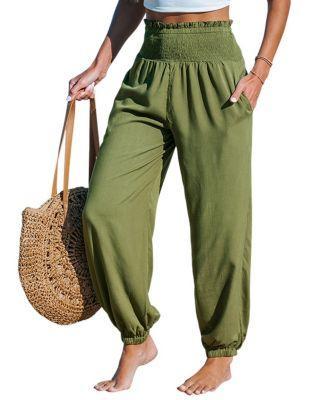 Cupshe Womens Green Smocked Waist Tapered Leg Casual Pants Product Image