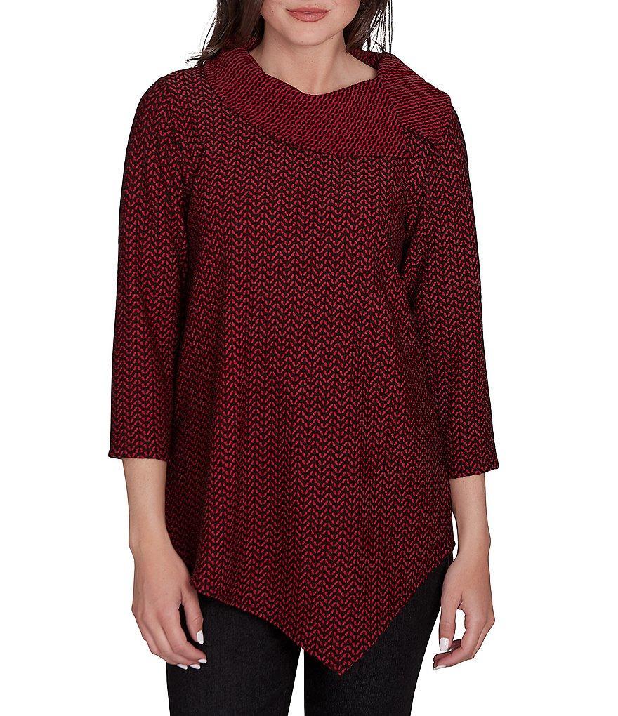 Ruby Rd. Jacquard Knit Herringbone Cowl Neck 3/4 Sleeve Asymmetric Hem Top Product Image