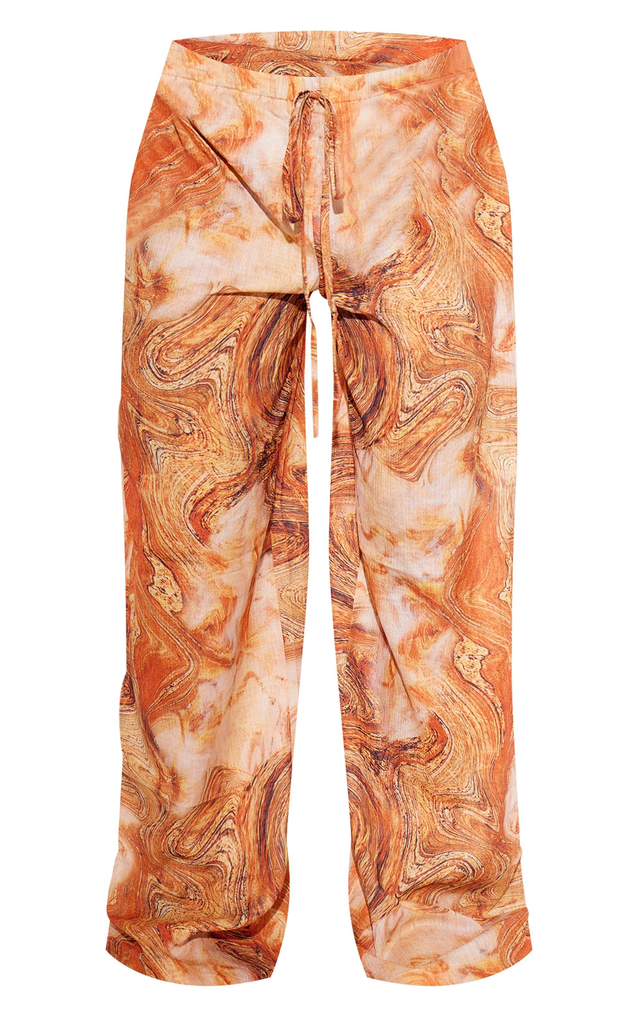 Orange Marble Print Wide Leg Crinkle Textured Beach Pants  Product Image