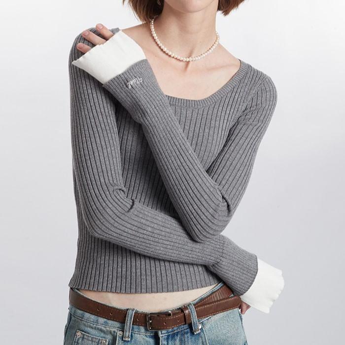 Long Sleeve Scoop Neck Two Tone Panel Ribbed Knit Top Product Image