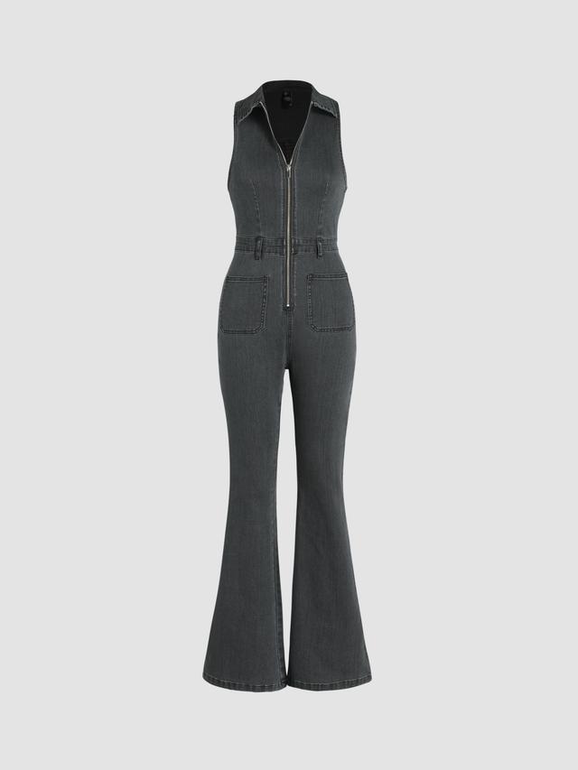 Denim Collar Flare Leg Jumpsuit Product Image