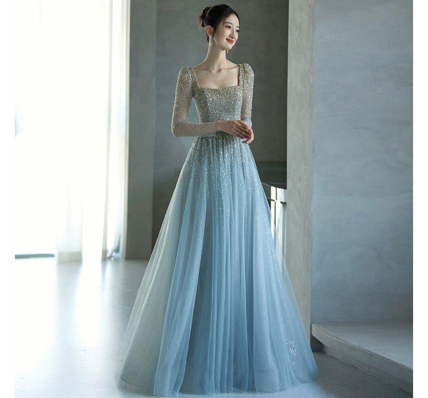 Long-Sleeve Square Neck Mesh A-Line Evening Gown Product Image