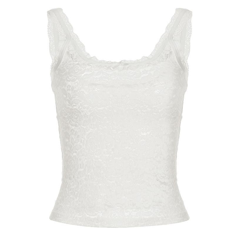 Crew Neck Bow Accent Plain Lace Slim-Fit Tank Top Product Image