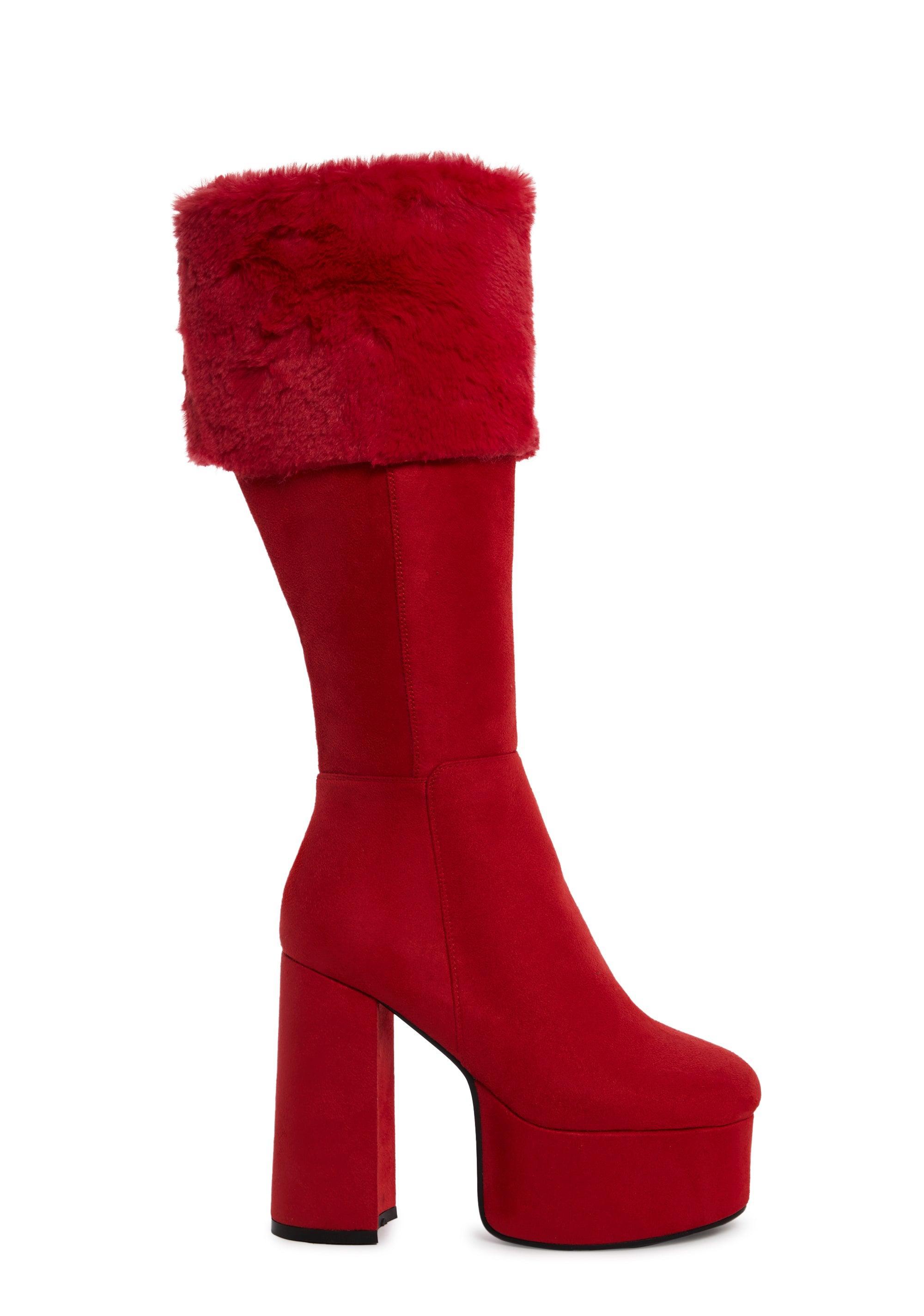 Lamoda Faux Suede Faux Fur Trim Platform Boots - Red product image