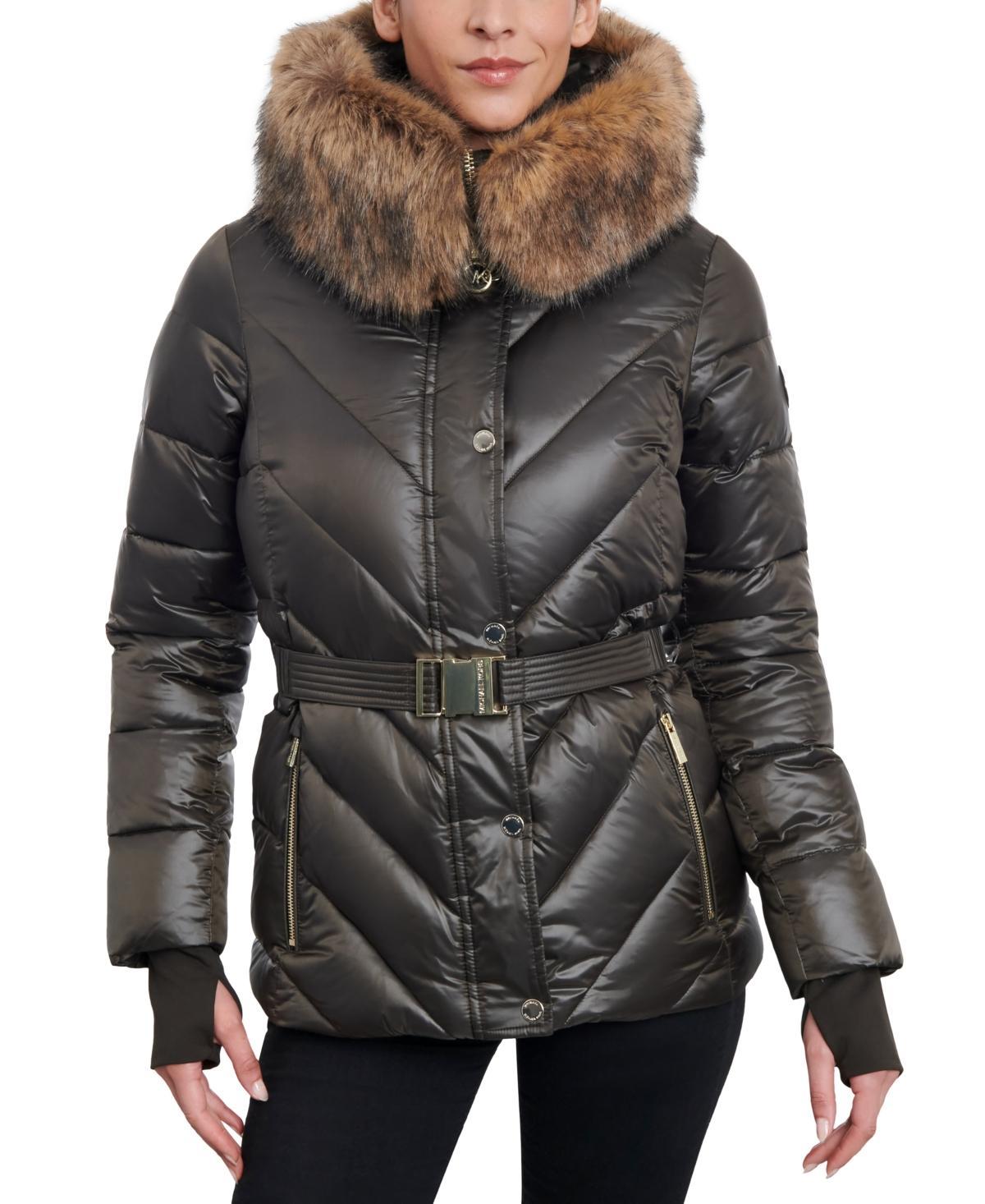 Michael Michael Kors Womens Shine Belted Faux-Fur-Trim Hooded Puffer Coat Product Image