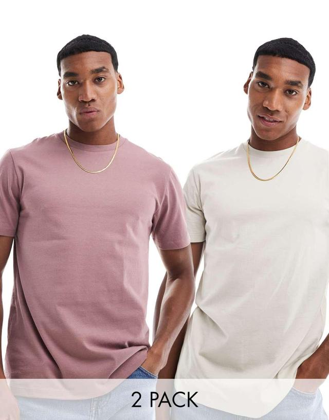 ASOS DESIGN 2 pack crew neck t-shirts in stone and pink Product Image