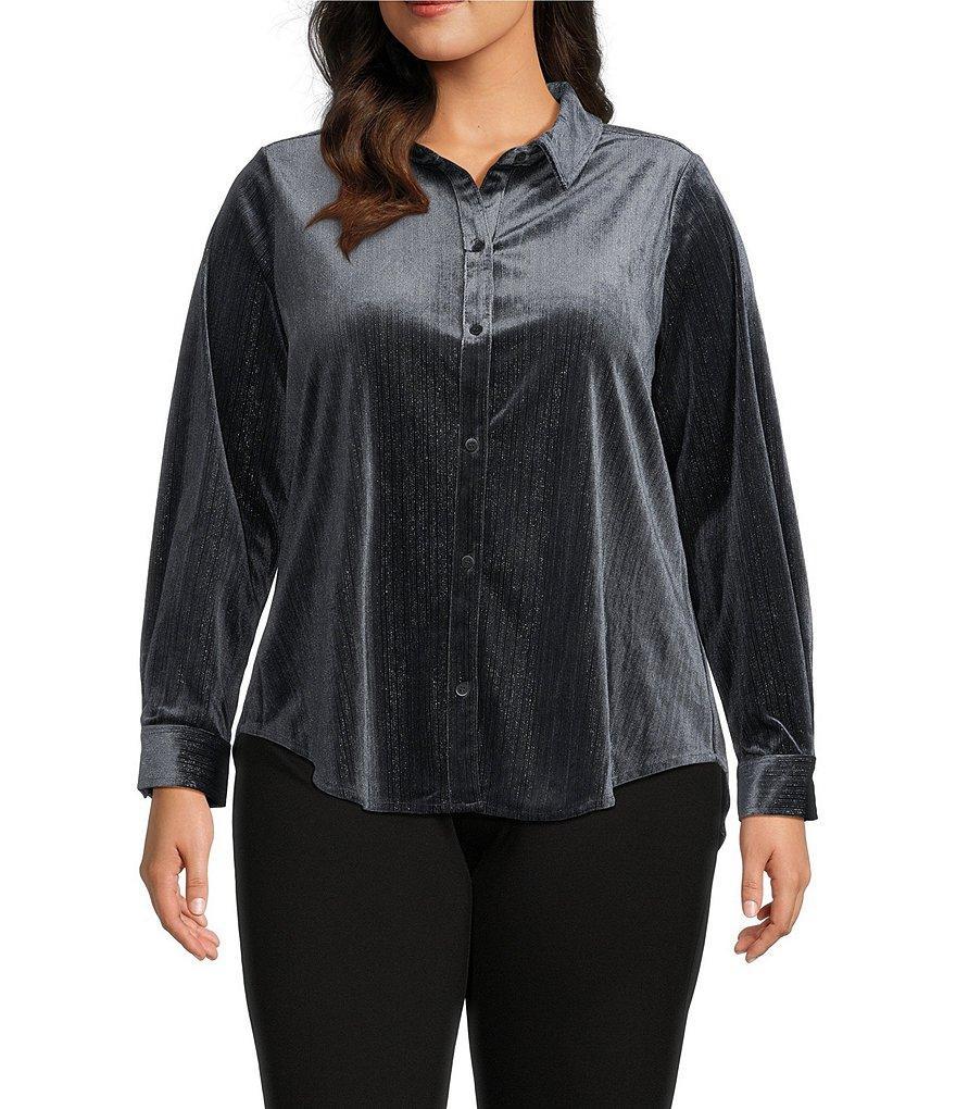 Intro Plus Size Soft Velvet Lurex Point Collar Long Sleeve Shirttail Hem Button-Front Shirt product image