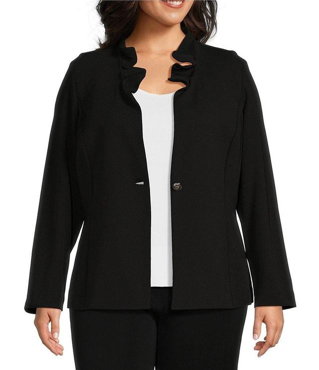 Ming Wang Plus Size Deco Crepe Ruffle Collar Long Sleeve Button Front Long Jacket Product Image