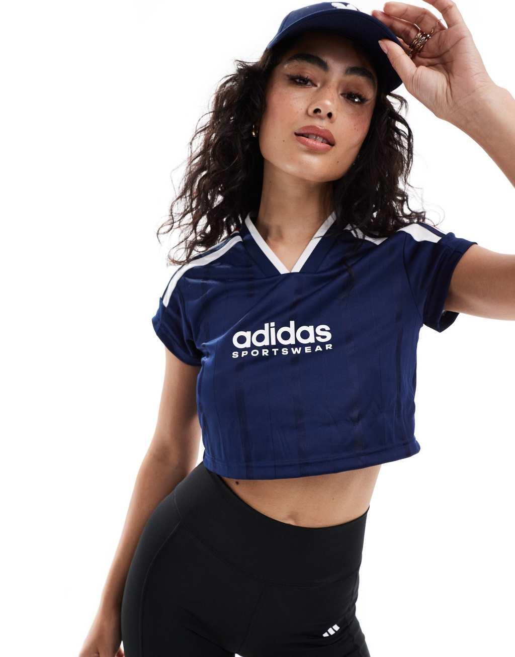 adidas Soccer Tiro cropped t-shirt in navy blue with red and white stripes Product Image