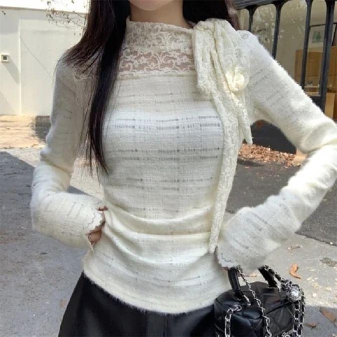 Long-Sleeve Stand Collar Lace Panel Bow Ruched Slim Fit Top product image