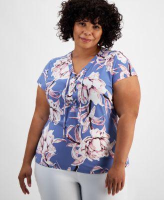 Plus Size Floral-Print Lace-Up-Neck Top, Created for Macy's  product image