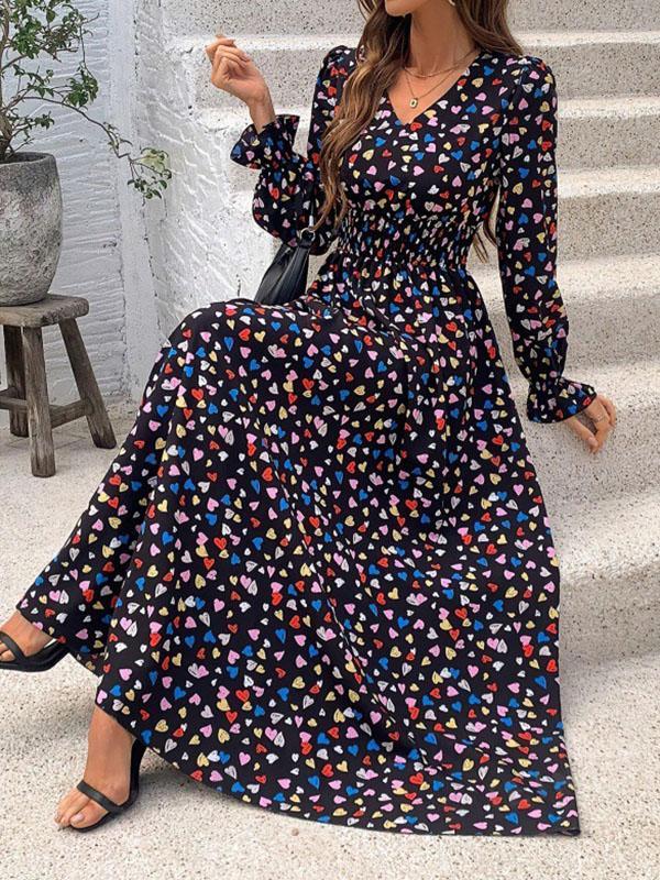 Loose Puff Sleeves Elasticity Floral Printed Split-Joint V-Neck Maxi Dresses Product Image