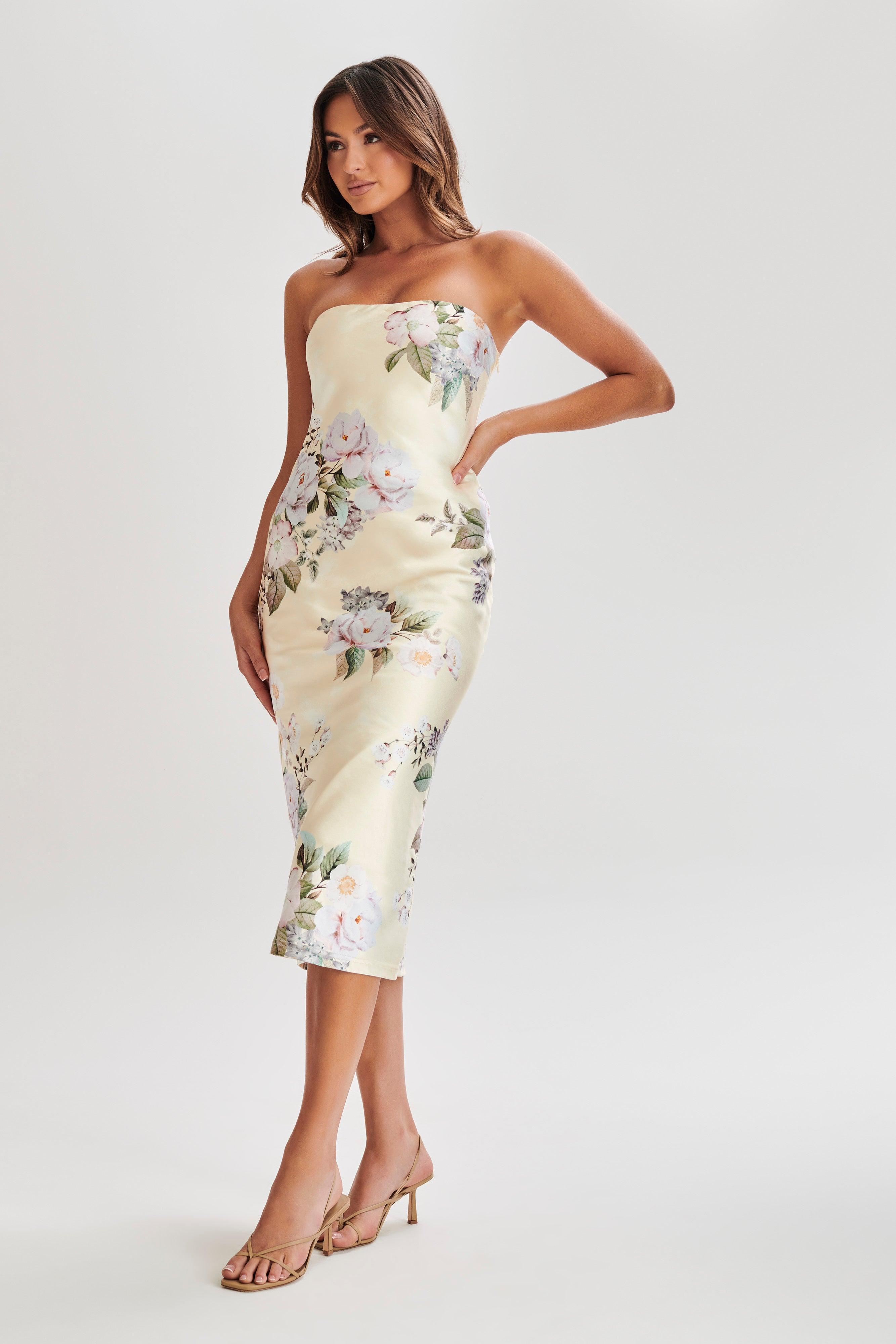 Tyler Strapless Satin Midi Dress - Lemon Floral Print Product Image