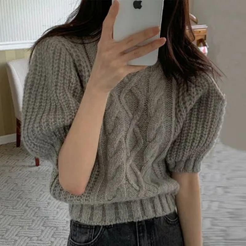 Short-Sleeve Round Neck Plain Cable Knit Top Product Image