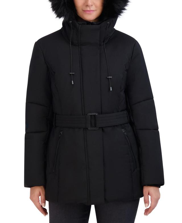 Cole Haan Womens Belted Faux-Fur-Trim Hooded Puffer Coat Product Image