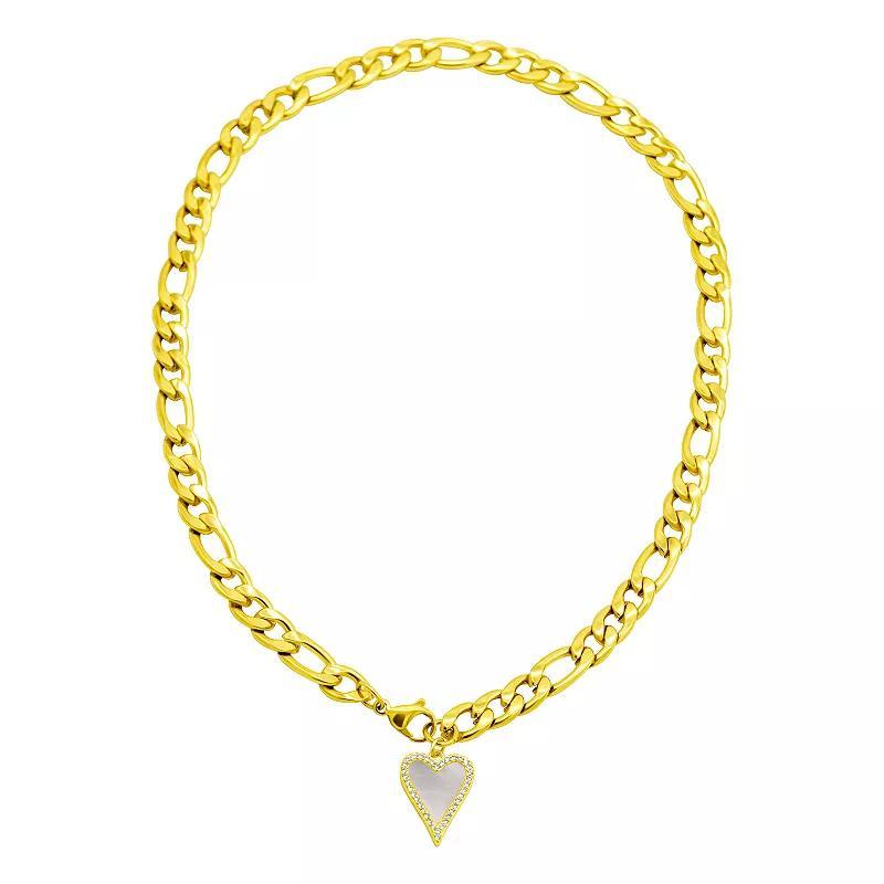 Adornia 14k Gold Plated Crystal Halo Mother-of-Pearl Heart Figaro Chain Necklace, Womens White Product Image