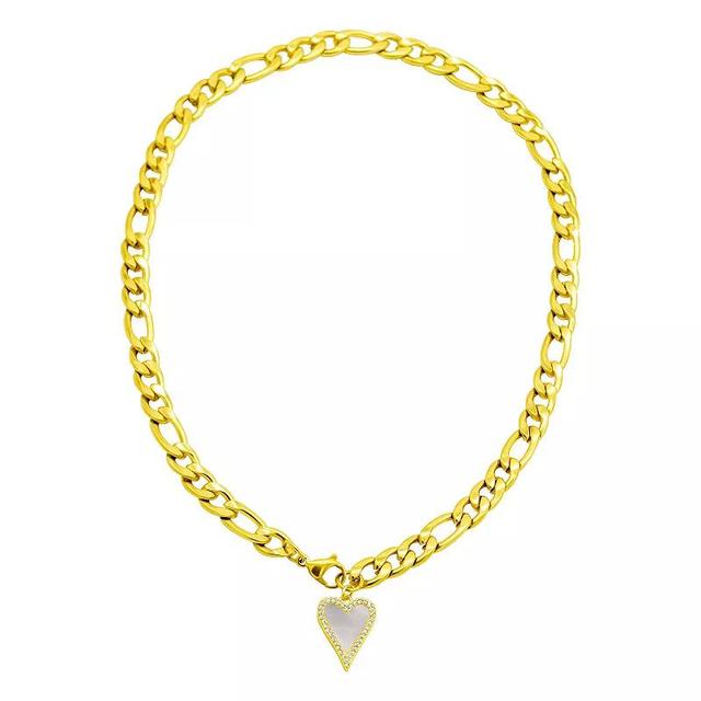 Adornia 14k Gold Plated Crystal Halo Mother-of-Pearl Heart Figaro Chain Necklace, Womens White Product Image