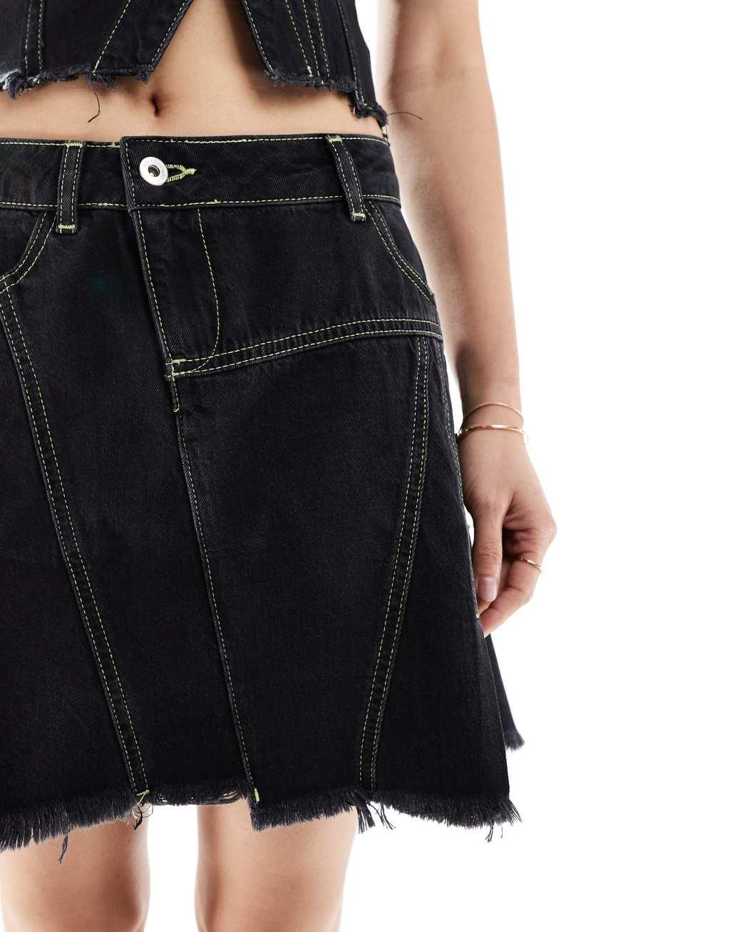 COLLUSION asymmetric denim contrast seam festival skirt in black - part of a set	 Product Image