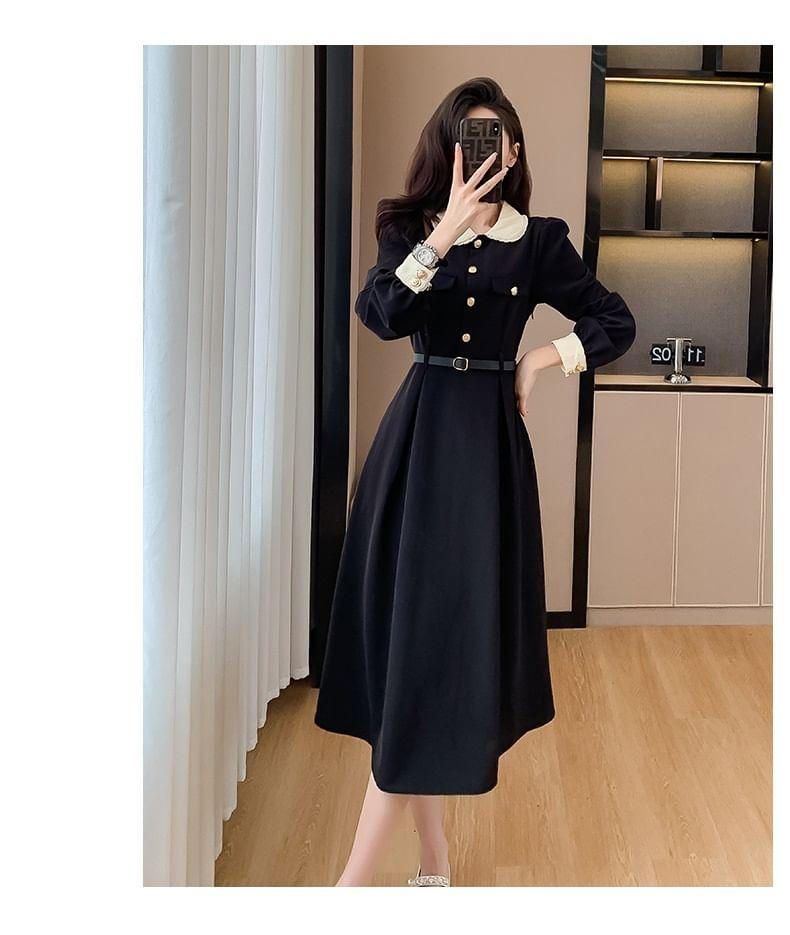 Long-Sleeve Contrast Collar Button-Up Midi A-Line Dress Product Image