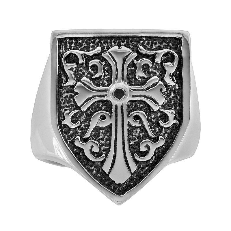 Stainless Steel and Black Immersion-Plated Stainless Steel Black Diamond Accent Cross and Shield Ring - Men, Mens Multicolor Product Image