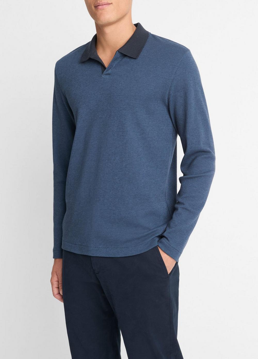 Mens Bicolor Rib Cotton-Blend Johnny-Collar Shirt, Beluga Blue/coastal, Size L Vince Product Image