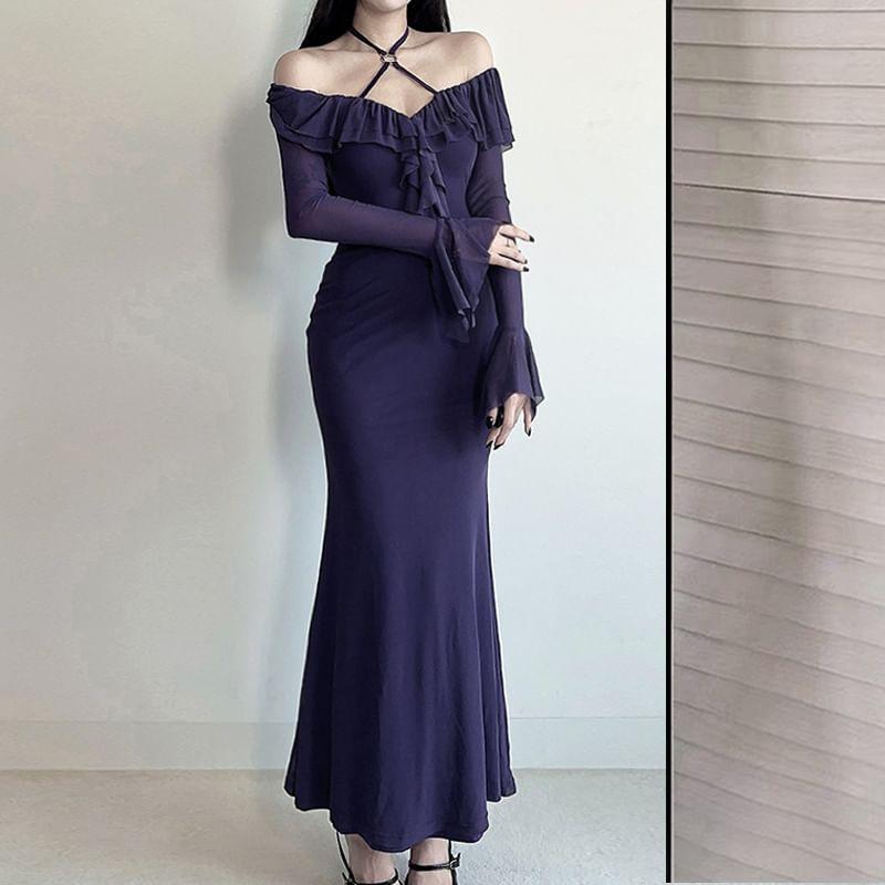 Flared-Sleeve Cold-Shoulder Plain Ruffle Maxi Mermaid Dress Product Image