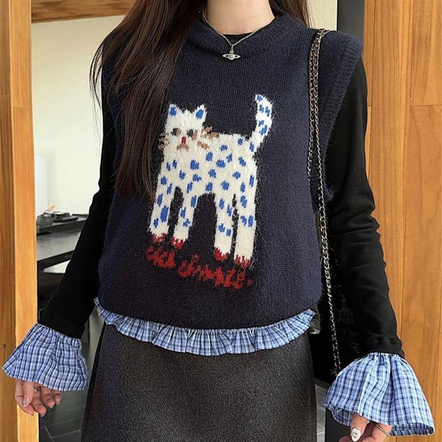 Crewneck Cat Jacquard Sweater Vest / Long-Sleeve Plaid Trim Top Product Image