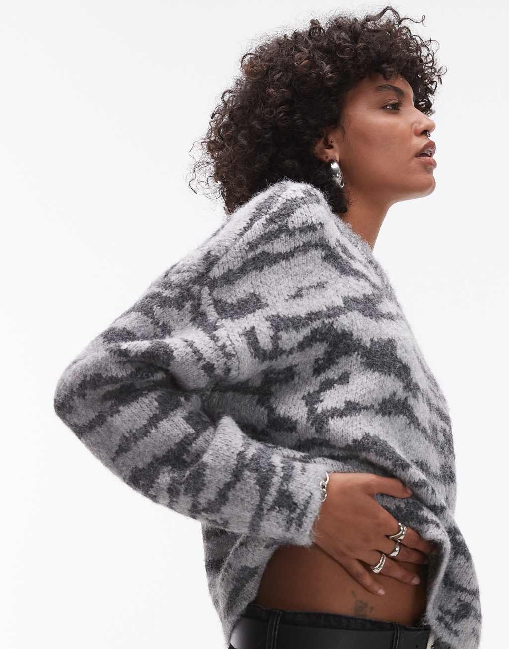 Topshop knit fluffy relaxed ultimate sweater in gray pattern Product Image