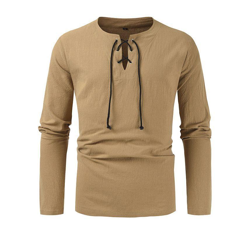 Long-Sleeve Crew Neck Lace-Up Shirt Product Image