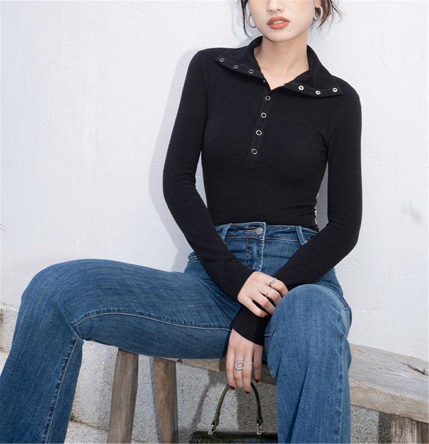 Long-Sleeve Collar Plain T-Shirt Product Image