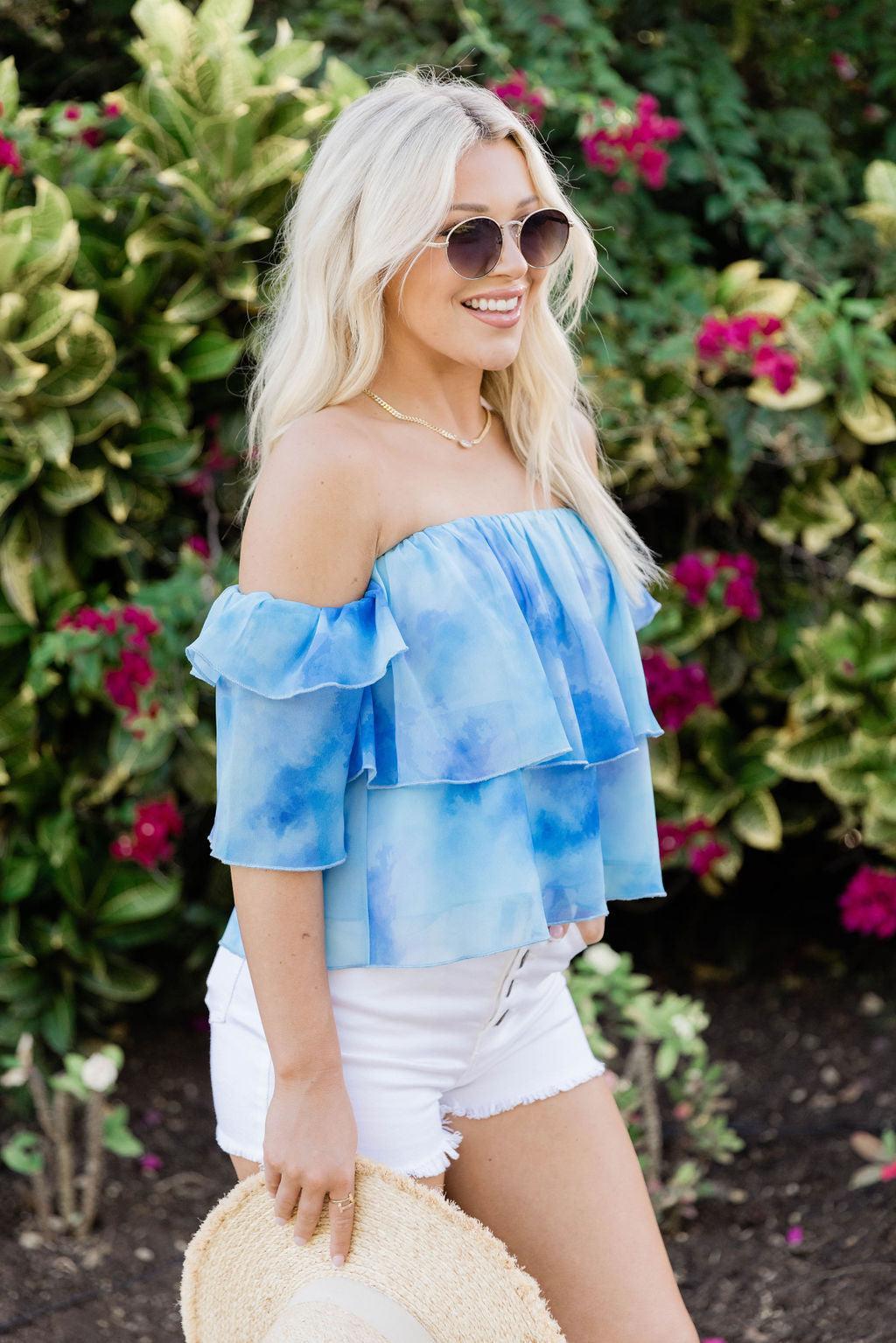 Holding Onto Happiness Blue Watercolor Off The Shoulder Printed Blouse FINAL SALE Product Image