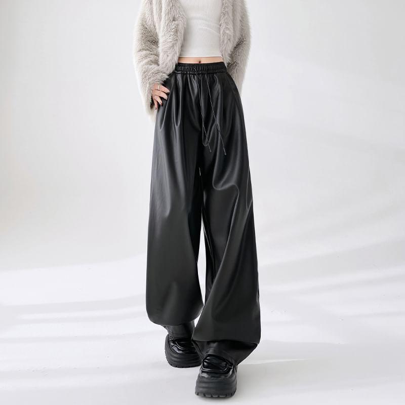 Elastic Waist Plain Faux Leather Wide Leg Pants Product Image