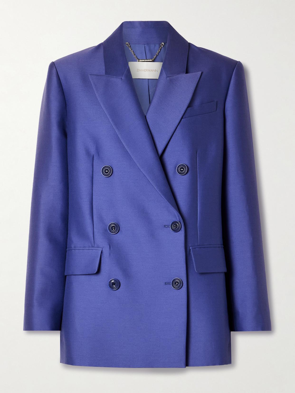 Natura Double-breasted Wool-silk Blazer In Blue Product Image