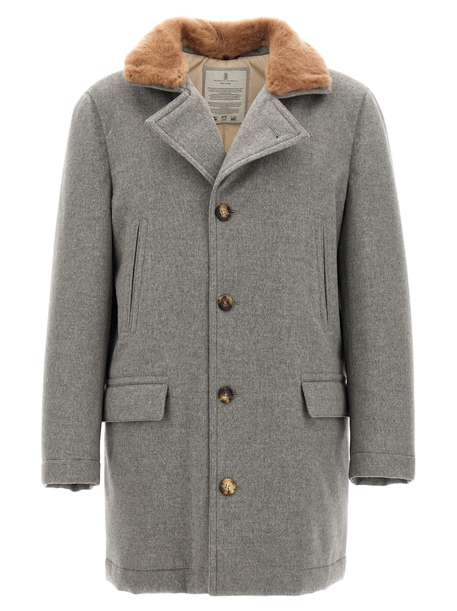 BRUNELLO CUCINELLI Cashmere Coat With Shearling Collar In Grey Product Image