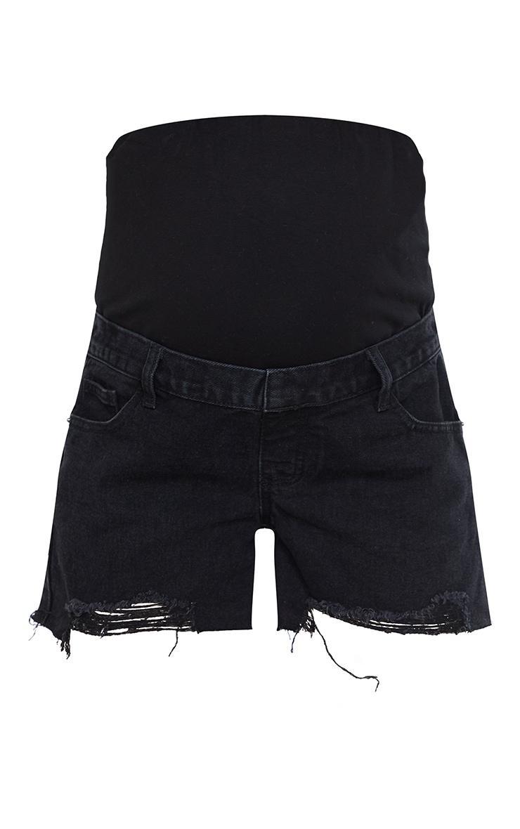 Maternity Black Belly Band  Washed Black Ripped Denim Shorts Product Image