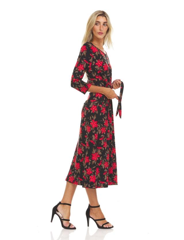 Three quarter sleeve crew neck printed A line midi dress with selt tie belt Product Image