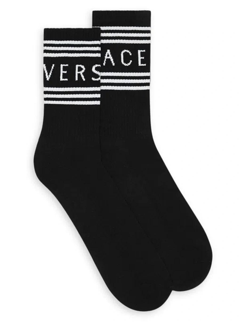 VERSACE Logo-print Ribbed Socks In Black White Product Image