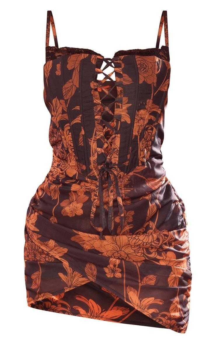 Black Floral Chiffon Draped Lace Up Mini Dress Product Image