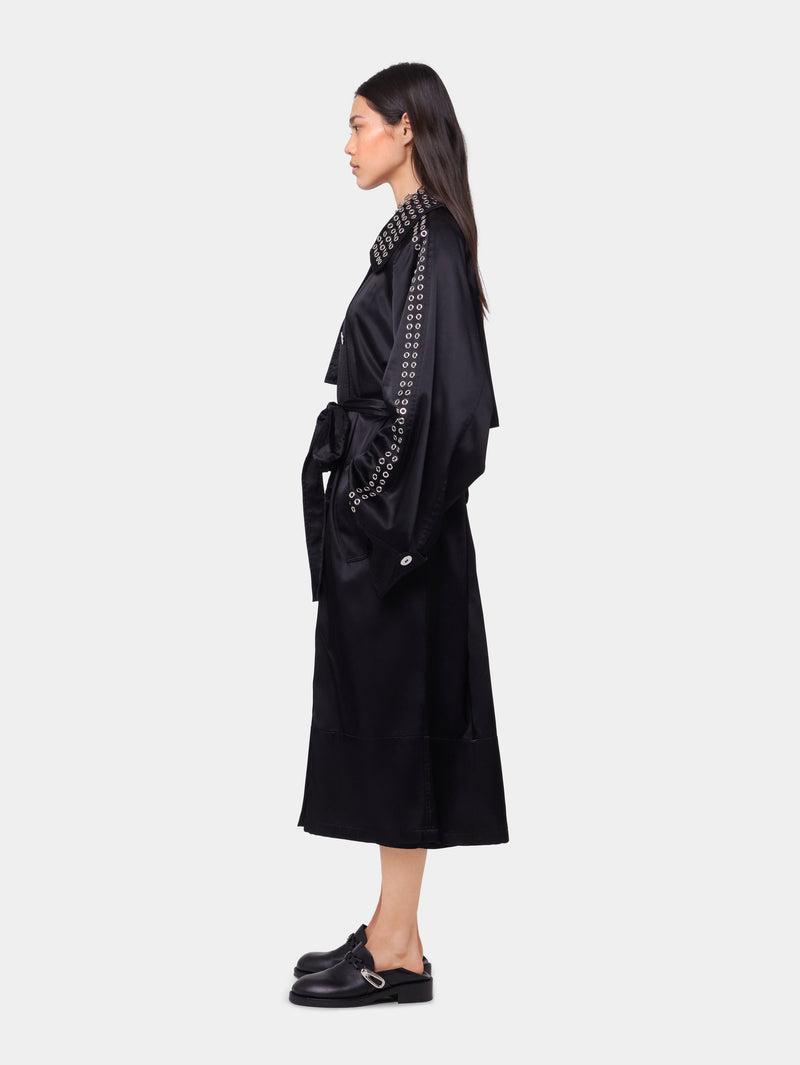 BLACK LONG TRENCH COAT IN SATIN Product Image