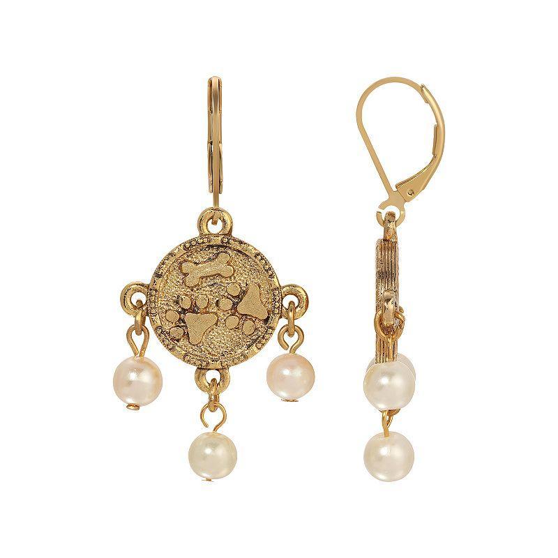 1928 Gold Tone Dog Paws & Bone Faux Pearl Drop Earrings, Womens, White Product Image