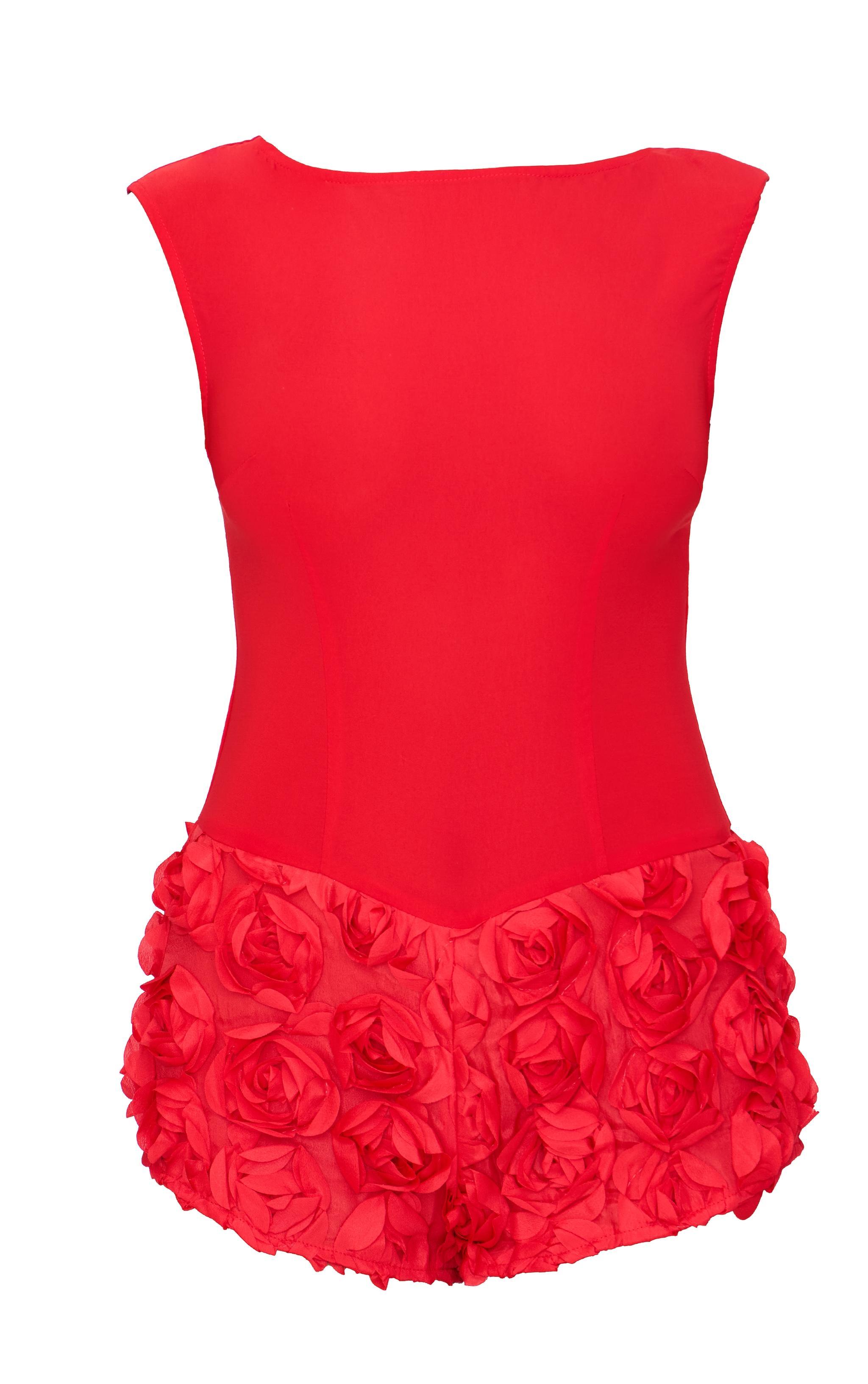 Red Woven Rose Applique Boat Neck Romper Product Image