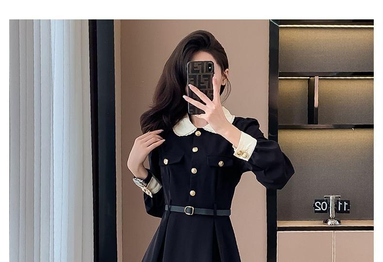 Long-Sleeve Contrast Collar Button-Up Midi A-Line Dress Product Image