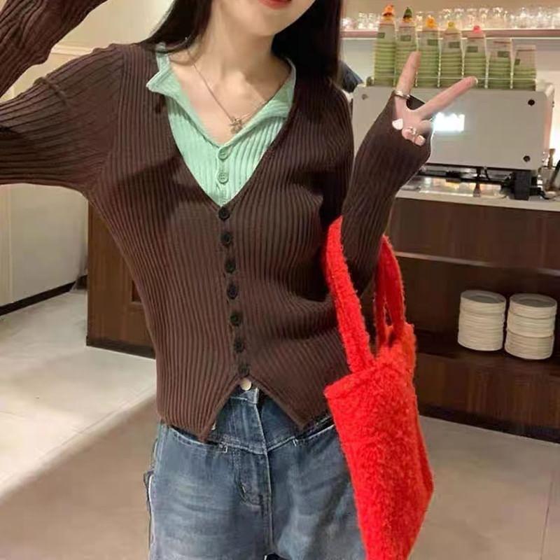 Mock Two-Piece Long-Sleeve Two Tone Knit Top Product Image