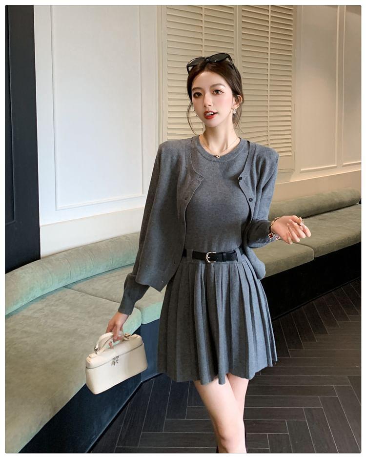 Set: Sleeveless Round Neck Plain Pleated Knit Mini A-Line Dress + Round Neck Cardigan + Belt Product Image