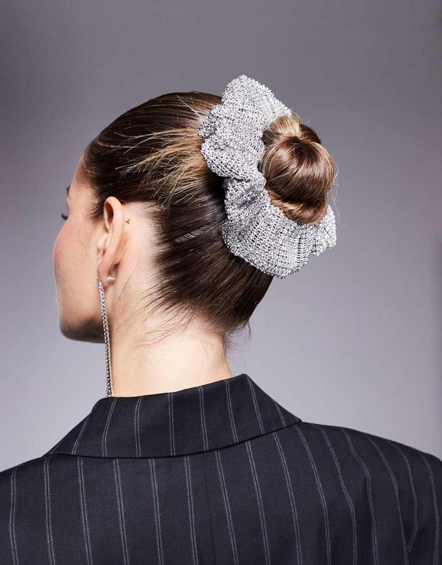 ASOS DESIGN scrunchie hairband with crystal detail in silver tone Product Image