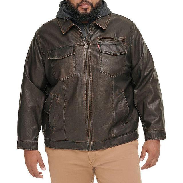 Mens Levis Faux Leather Hooded Trucker Jacket with Sherpa Lining Brown Product Image